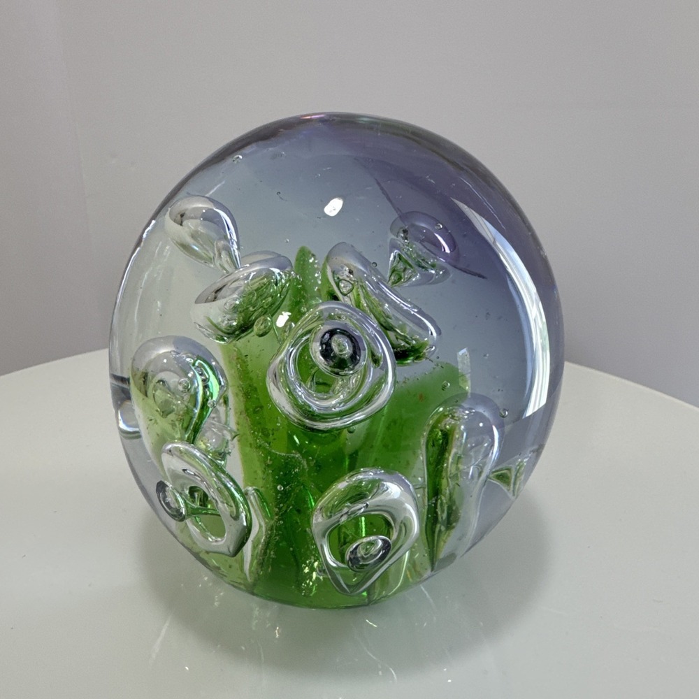 Vintage Controlled Bubble Art Glass Paperweight MCM Green Purple Bullicante Orb